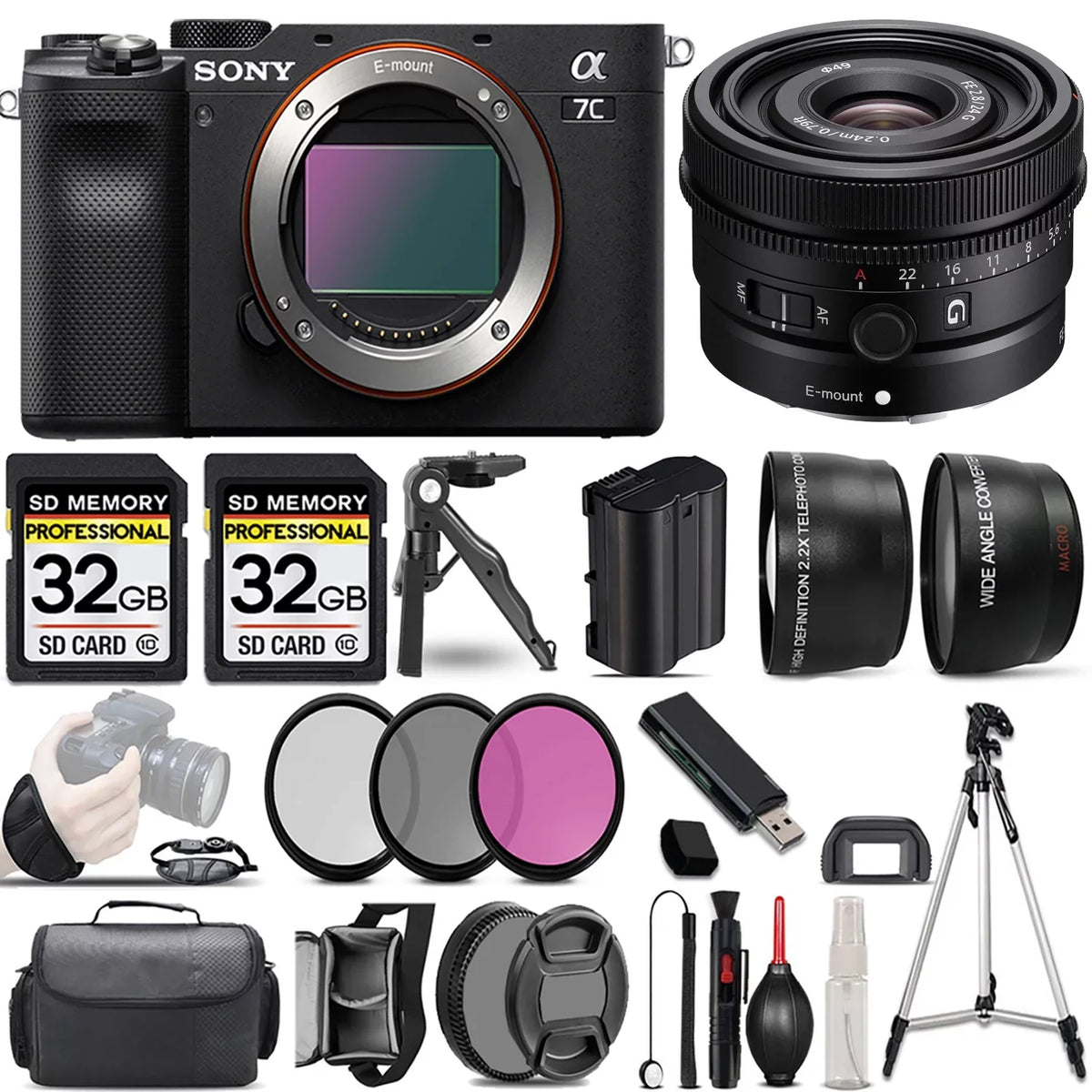 PC Sony f/2.8 Camera (Black) G a7C +3 Lens +24mm +64GB Filter Camera