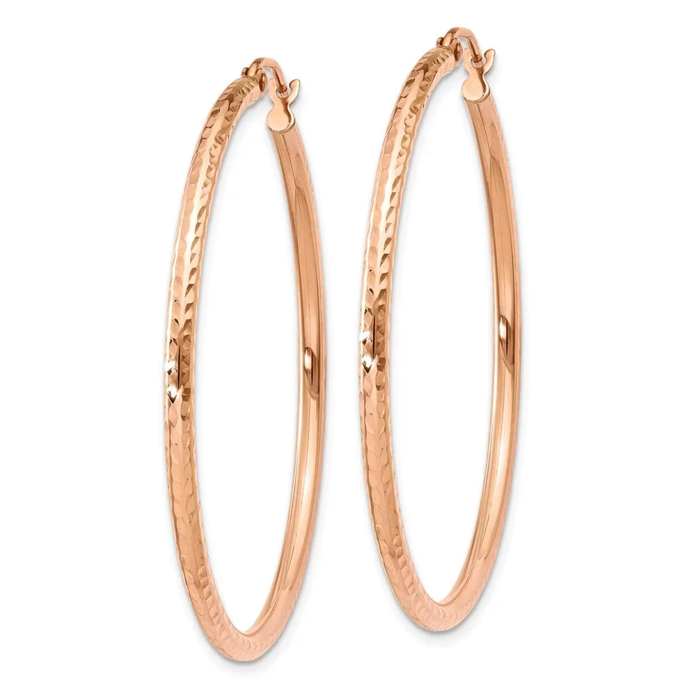 14kt Lightweight Adults Teens; Real Men and Women Diamond-cut Earrings; Gold Polished Large Rose Hoop for and for Tube