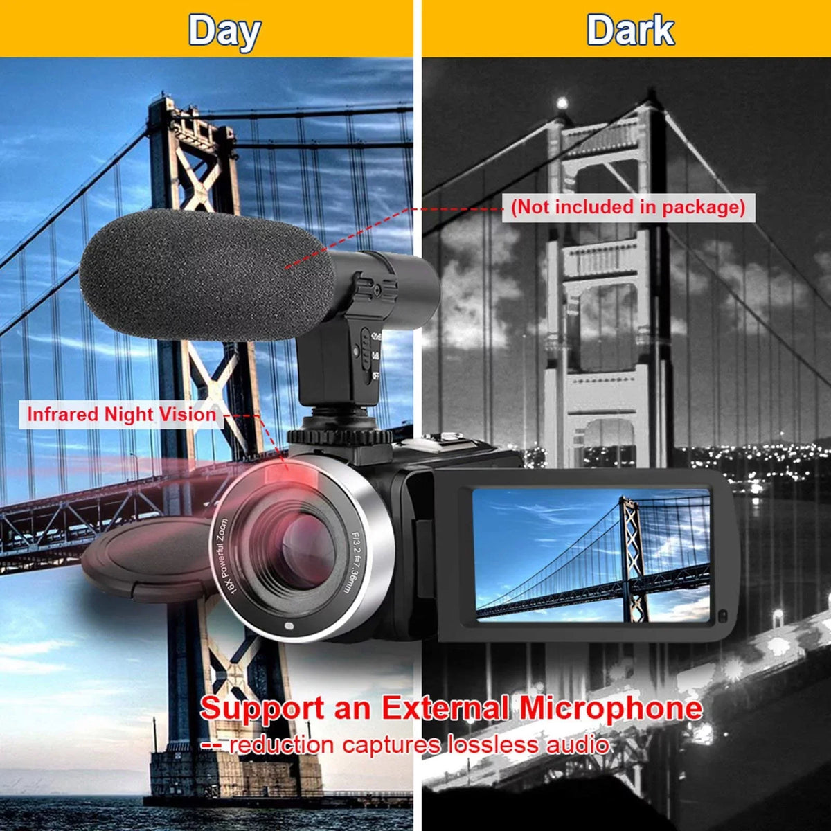 Video IR Vlogging Camera Recorder Camera Camcorder HD Youtube Vision Night for Full Video Camera MARVUE 2.7K Digital 30FPS 30MP