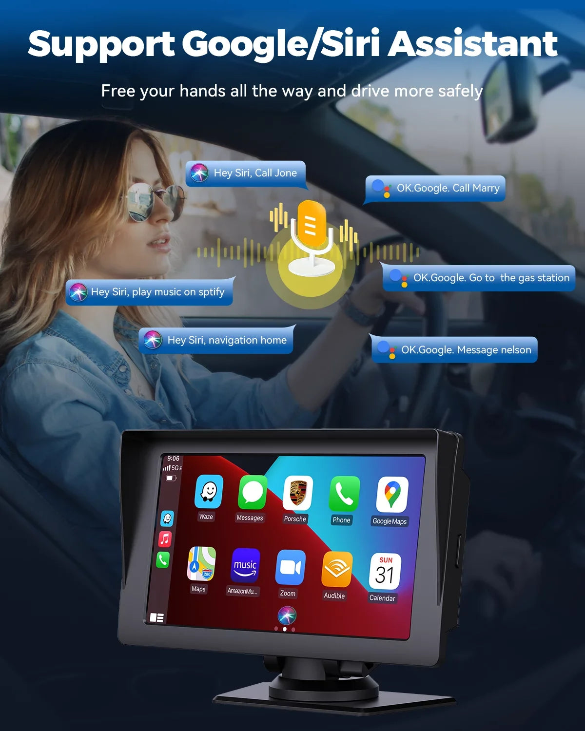 Wireless with Inch Portable Car LAMTTO Siri Camera,HD Car Apple Audio Touchscreen with Auto,Bluetooth,FM, Video,Car Navigation Carplay,1080P Portable Stereo Reverse GPS 7 Receivers Airplay,Android