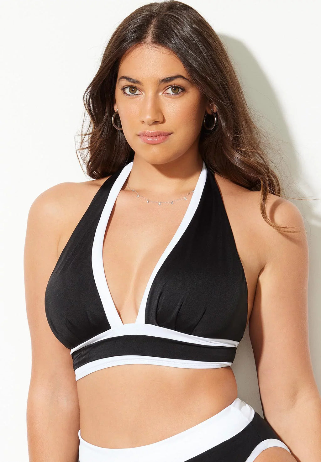 Top for Women's 8, Black All Plus White Colorblock Bliss Pleated Size Halter Bikini Swimsuits -