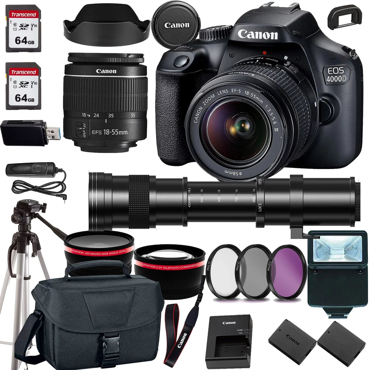 HD 4000D/Rebel Camera Canon (24PC) F/3.5-5.6 T100 18-55mm Lens+420-800mm w/Canon DSLR Zoom EOS Cards Zoom Telephoto lens+case+128Memory EF-S