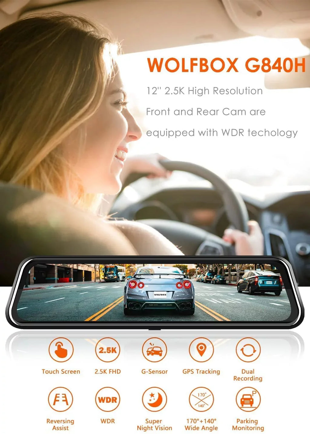 Monitor, Mirror Cam Vision, Rear Camera, Parking 2.5K Free WOLFBOX 32GB with Camera, Dash View GPS, Wi-Fi Built-in Card and Front Night 1080P 12'' Rear Mirror