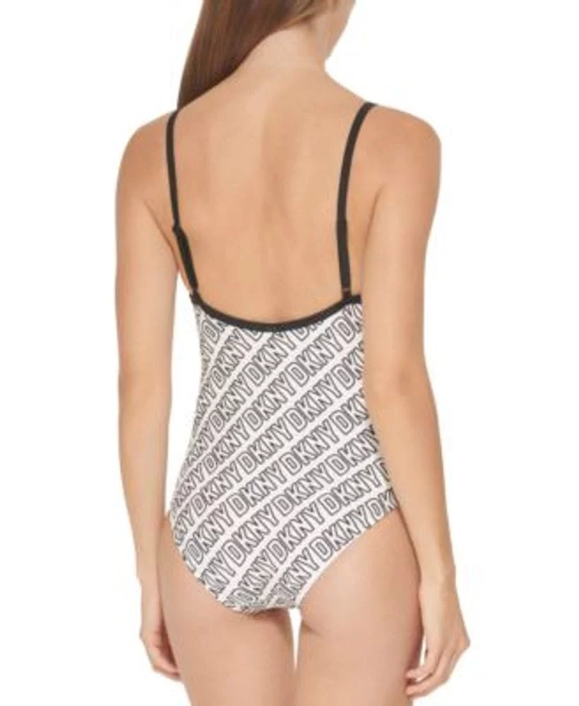 DKNY US Large One-Piece Logo-Print WHITE/BLACK Swimsuit,