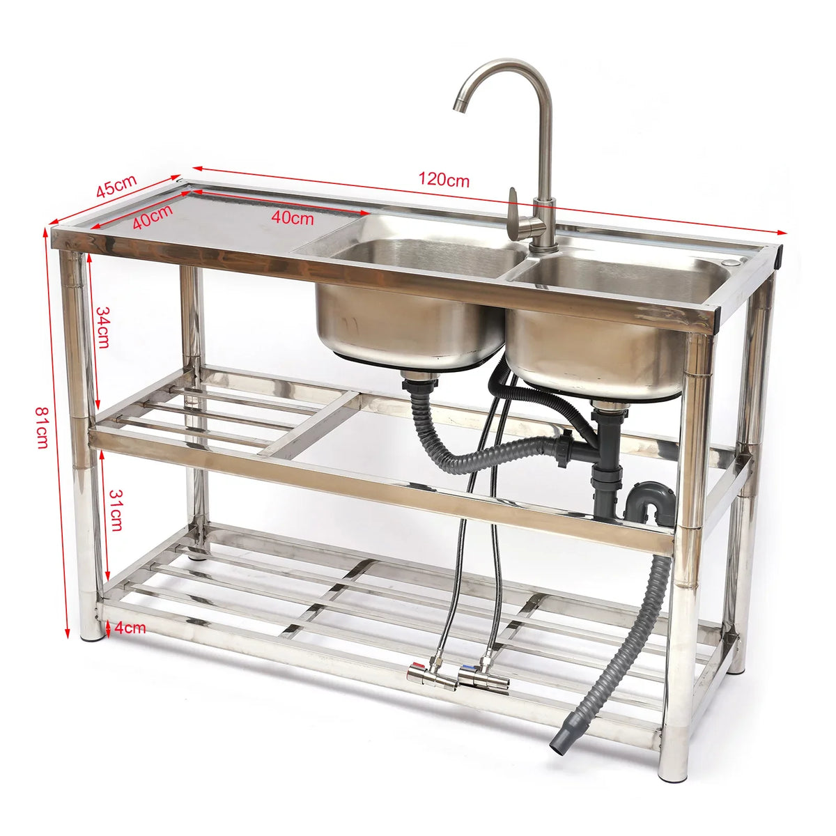 Steel Catering Utility Sink Table+360° Basin Sink 2 Drainboard Kitchen Loyalheartdy Stainless Commercial Compartment Prep Faucet+2
