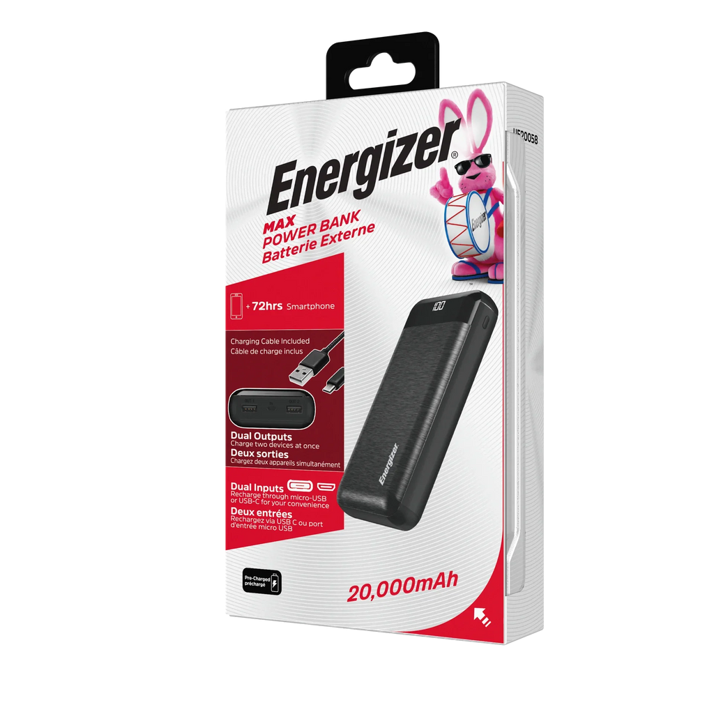 Black, Energizer UE20058 20,000 Power Bank, mAh Max