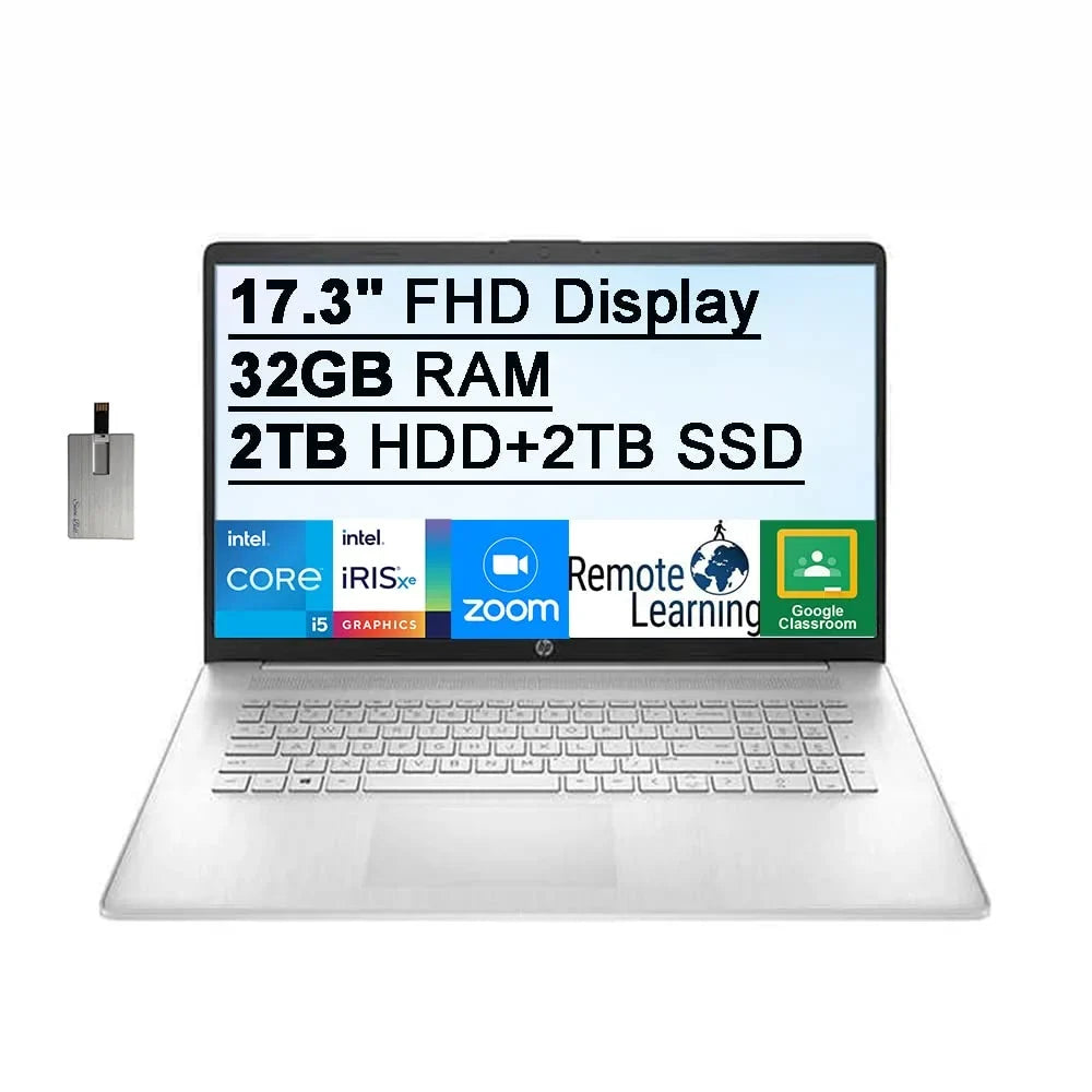 Backlit USB Win11, HP Graphics, 32GB Iris 17.3" 2TB 32GB HD Processor, Card FHD Intel SSD, HD Audio, Xe Computer, Keyboard, 2021 250 Nits RAM, Core IPS 2TB Silver, Webcam, i5-1155G7 HDD+ Intel Laptop