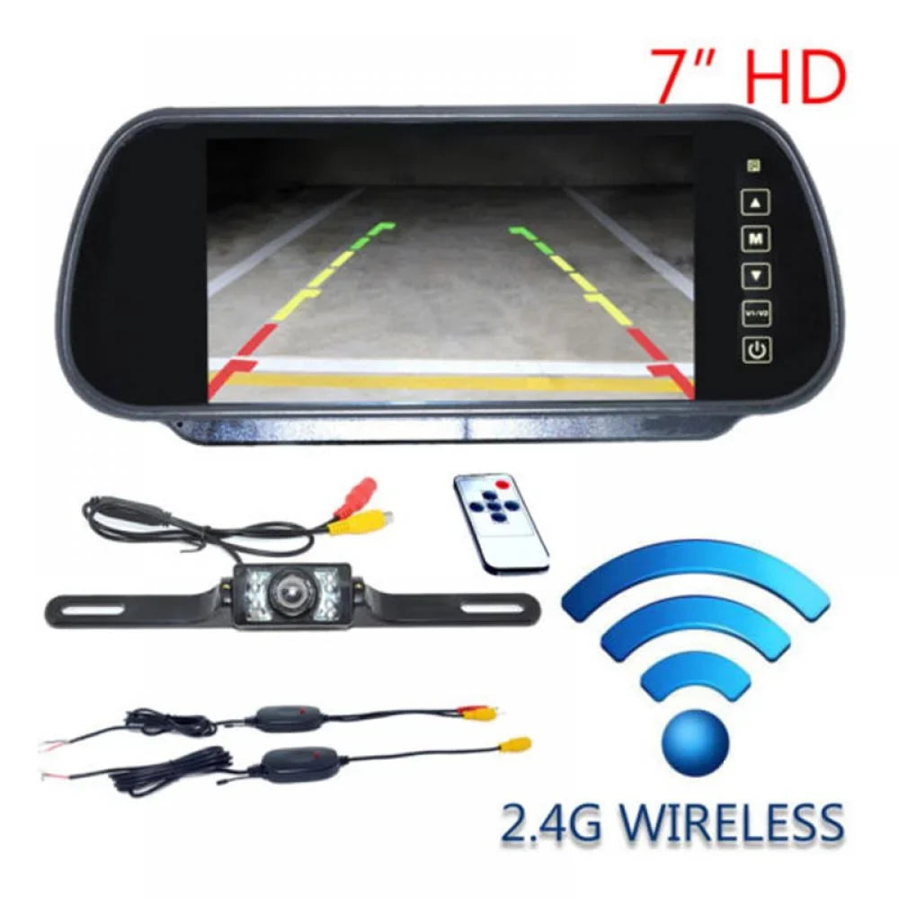 Receiver Reverse +Night LCD Vision 7inch IR View Backup Monitor Camera+Wireless Rear Kit Transmitter Car Mirror