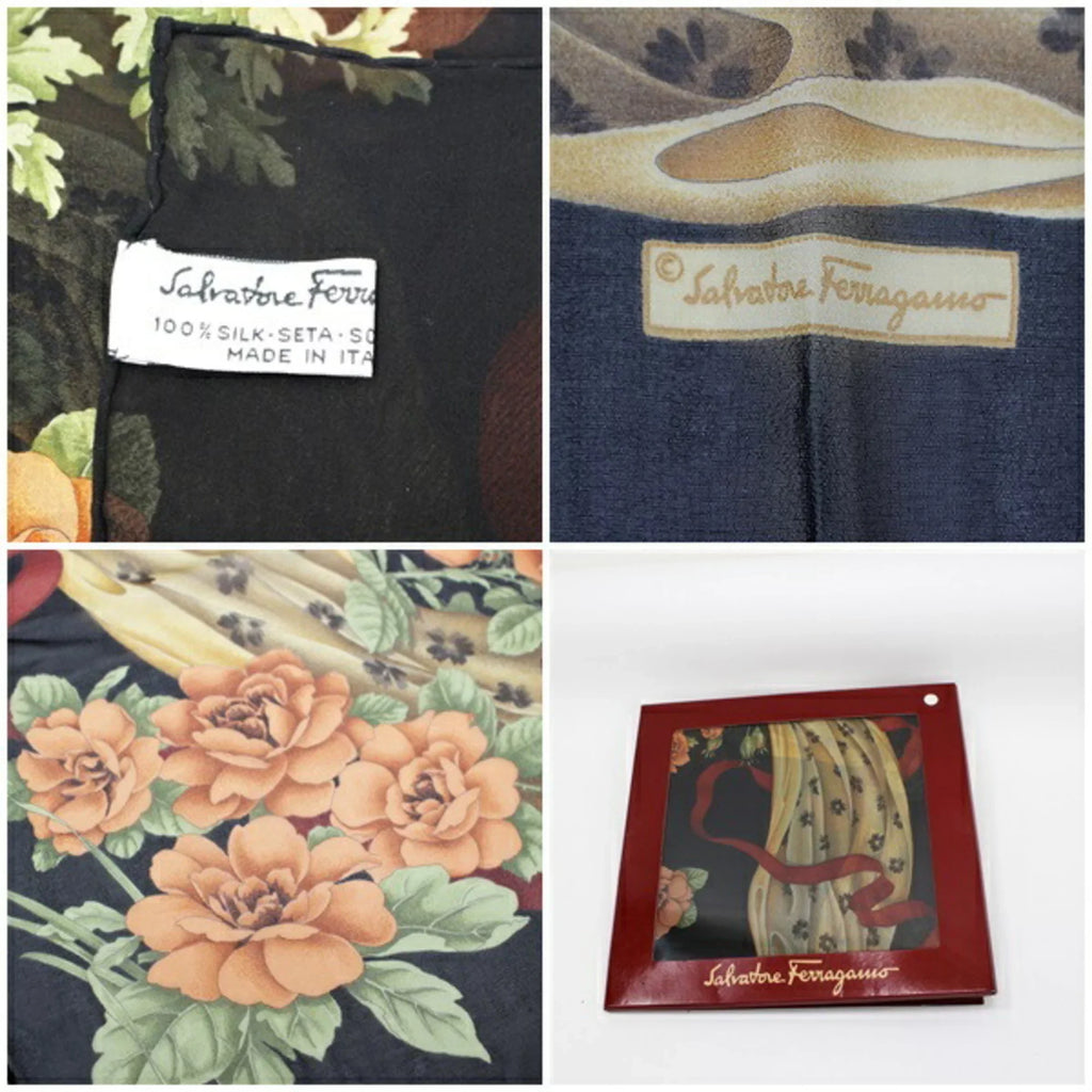 scarf Ferragamo silk New) FERRAGAMO Salvatore muffler paper stole SALVATORE ribbon Pre-Owned pattern (Like ladies black rectangle