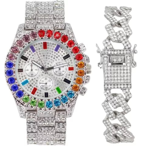 Set. Mens Out or Colourful Color Sets Iced Out Collection Watch Flame Blinged Iced Out Combo Rainbow (ST10327CO-ZZ Charles Single on Raymond with Bracelets SLV) Blast