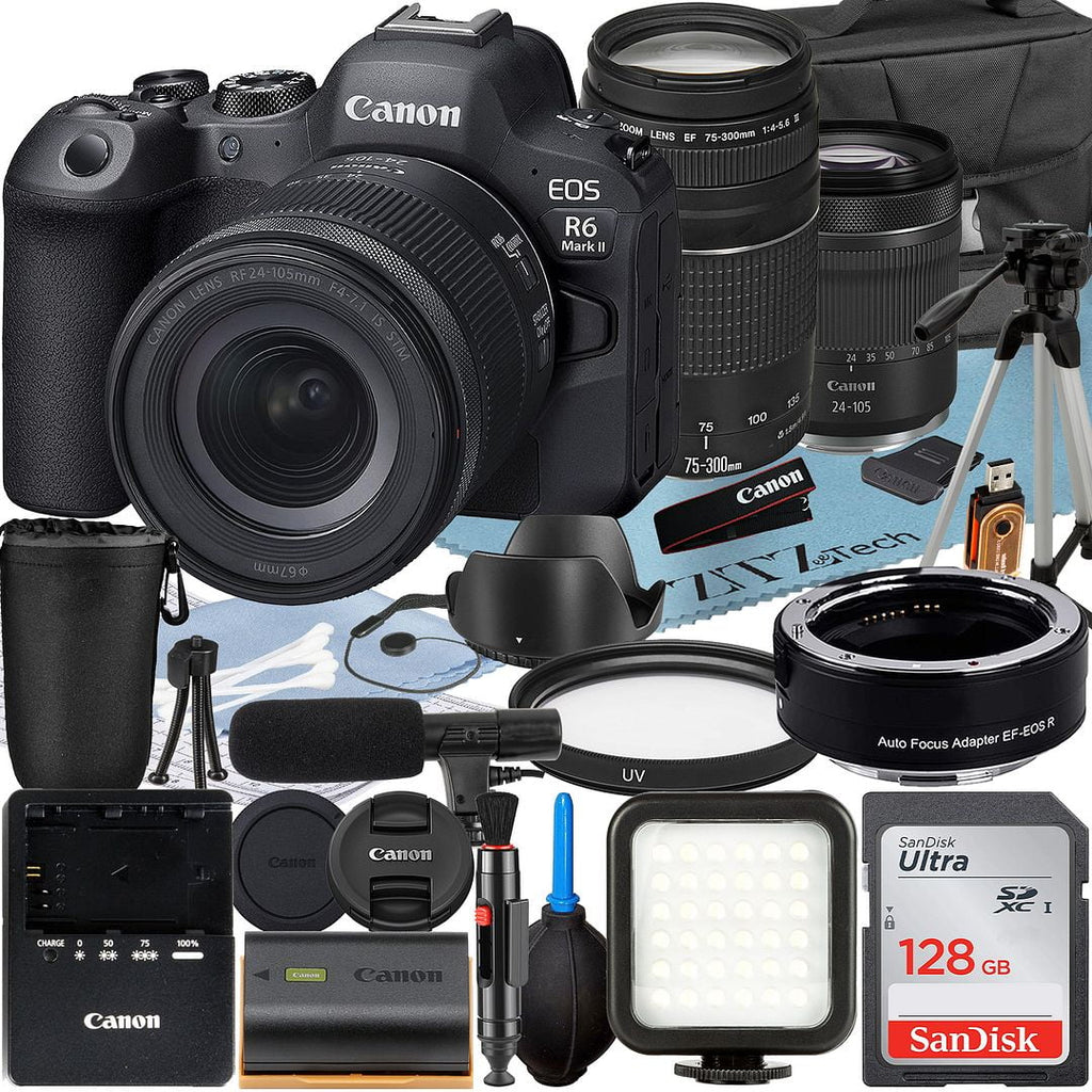 Adapter R6 LED 24-105mm + + Flash + + + Camera SanDisk Mount Mark Canon 128GB Bundle Memory Lens EF II Accessory with RF Case 75-300mm Mirrorless Card EOS ZeeTech +