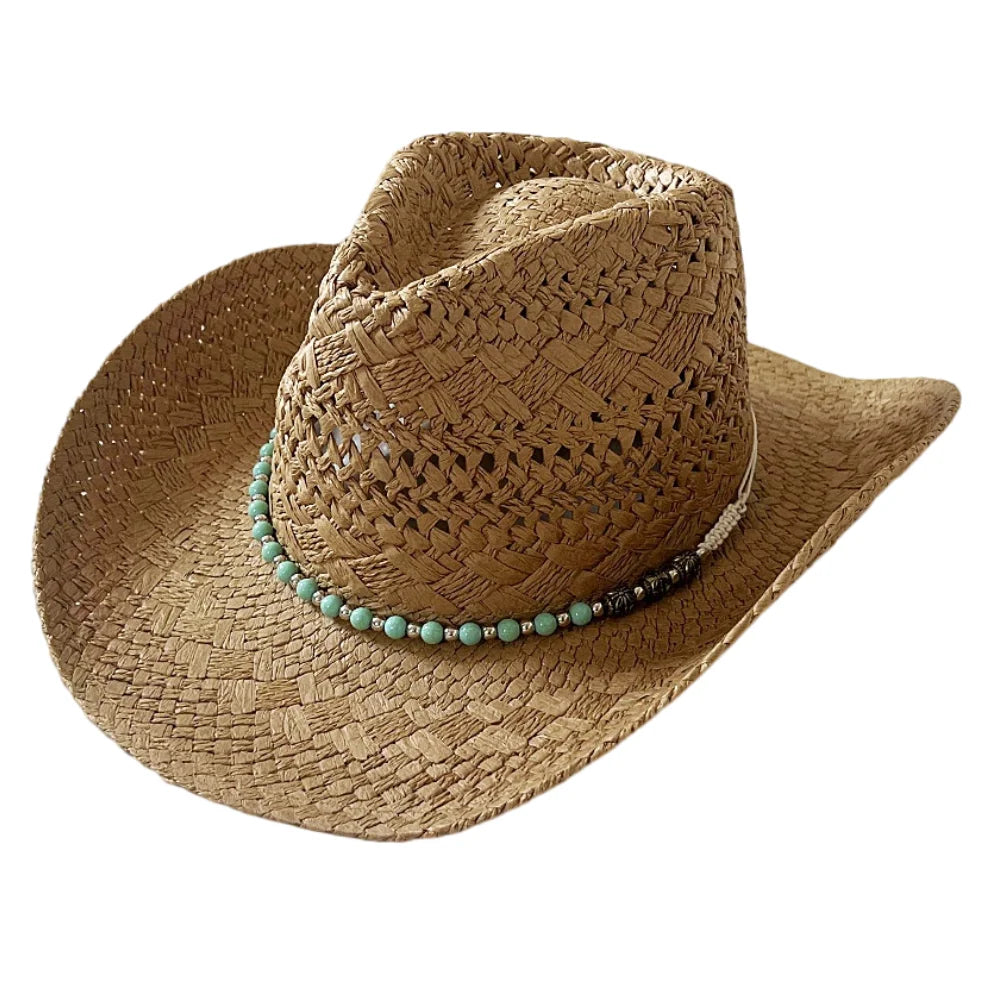 Hat Hats Keevoom Cowboy Women Straw Sunshade Belt Bead Vintage for Beach Men With