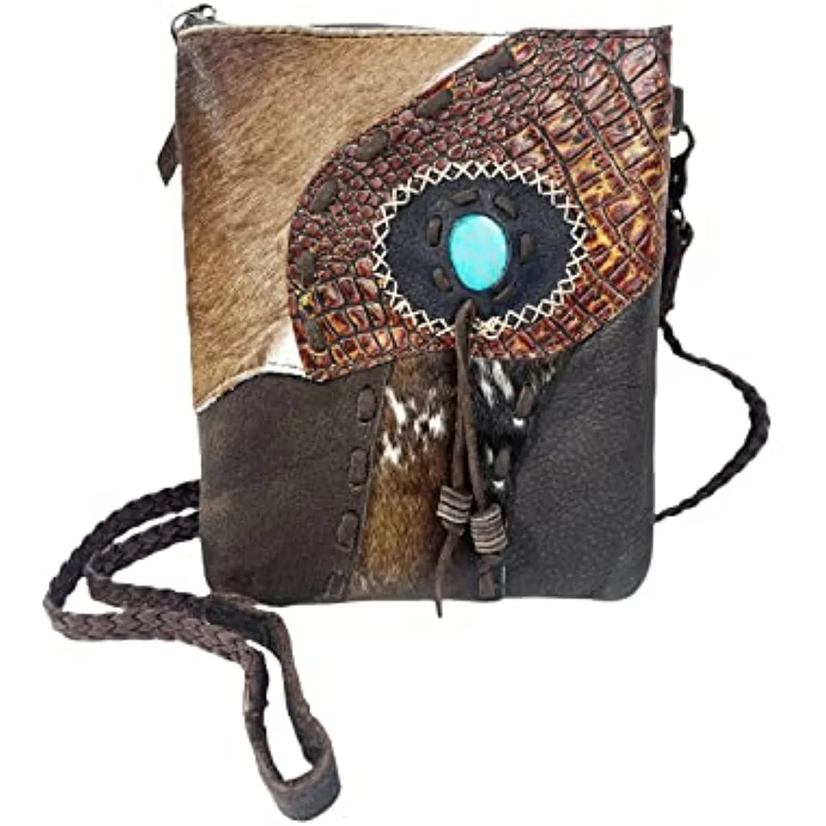 (Dark Crossbody Western Hand Purse Handbag Tote Teal Cowhair Tassel Bag Brown) Stitched Purses Urbalabs Stone Leather Tooled