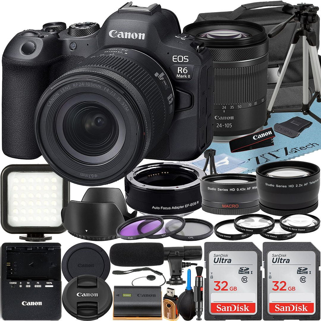 32GB 2 + + Adapter Lens Canon + Card Camera + + 24-105mm R6 Accessory RF Memory Case ZeeTech Pack LED SanDisk Flash EOS II Mark with Mount Mirrorless