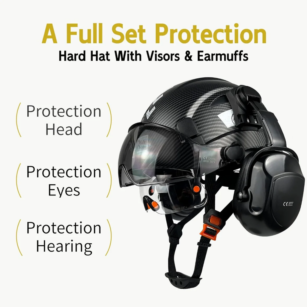 with Safety Vented Work Z89.1(Black) Approved Visor Head Hardhats Ear OSHA with Certified Industrial Hard Helmet Hat Visor Protection ANSI/ISEA Muffs Construction