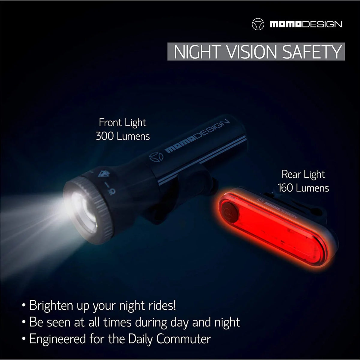Light Light Rechargeable, COMMUTERS Weather USB Designed & Visibility, Headlight MOMODESIGN Resistant, Bike for Rear 300 Night KIT for