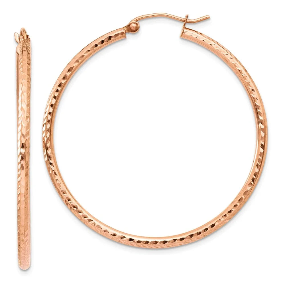14kt Lightweight Adults Teens; Real Men and Women Diamond-cut Earrings; Gold Polished Large Rose Hoop for and for Tube