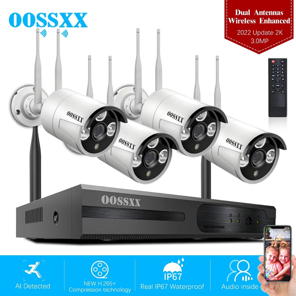 System, Wireless Security Security Outdoor without Dual Cameras WiFi Hard Kits 4Pcs Camera Surveillance Antennas 3.0MP Drive, NVR 2K