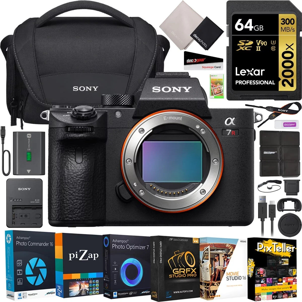 Photo Sony Camera Body Gear a7R Deco ILCE-7RM3A/B Software Kit Memory Version Frame + Sony Mirrorless 64GB Case New Lexar Accessories with Video 2000X III + Full LCSU21 Card, Bundle
