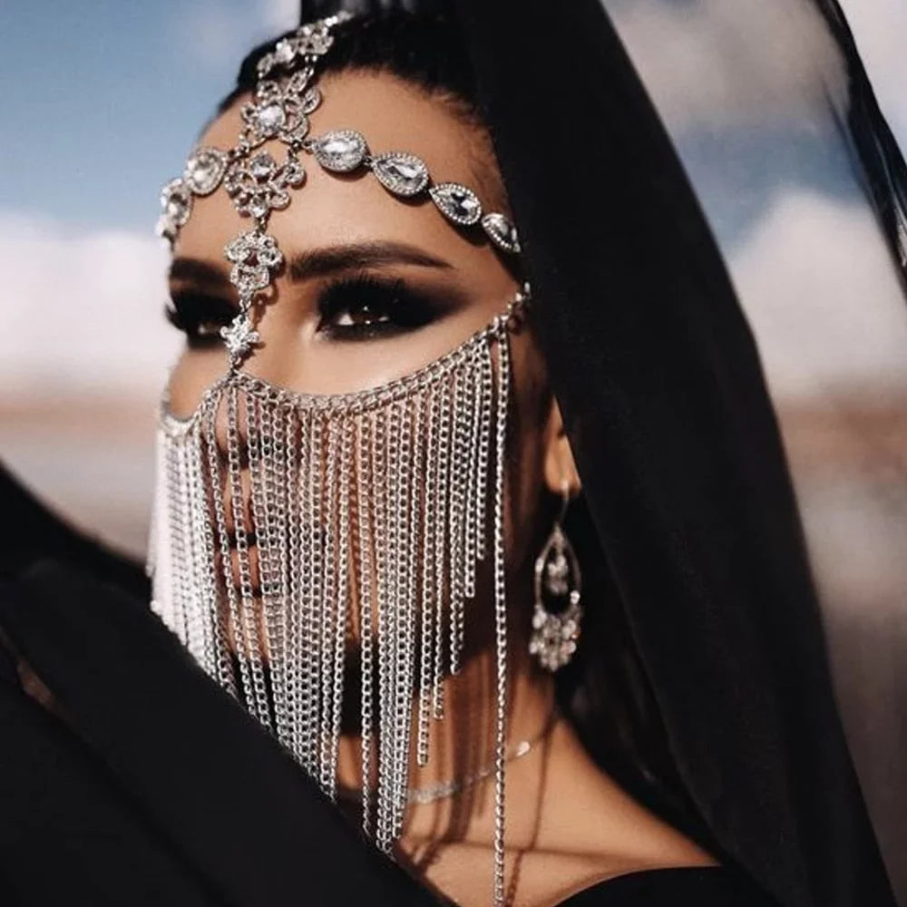 Rhinestone Hair Party Chain Face Halloween Mask for Masquerade Crystal Face Mask Women Jewelry Tassel