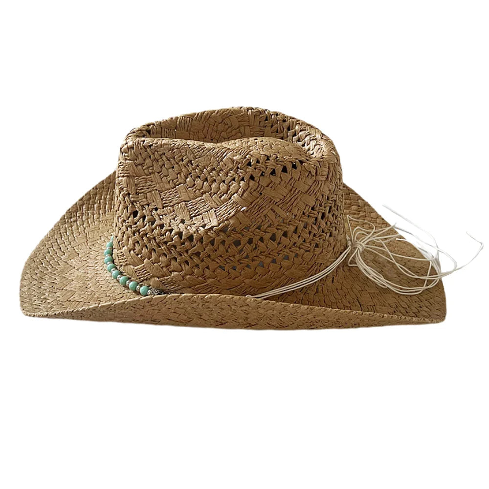 Hat Hats Keevoom Cowboy Women Straw Sunshade Belt Bead Vintage for Beach Men With