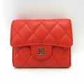 Small Pre-Owned Mini Trifold Women's Wallet Series CHANEL Red Orange Silver Metal (Good) Matelasse Lambskin Fittings Chanel