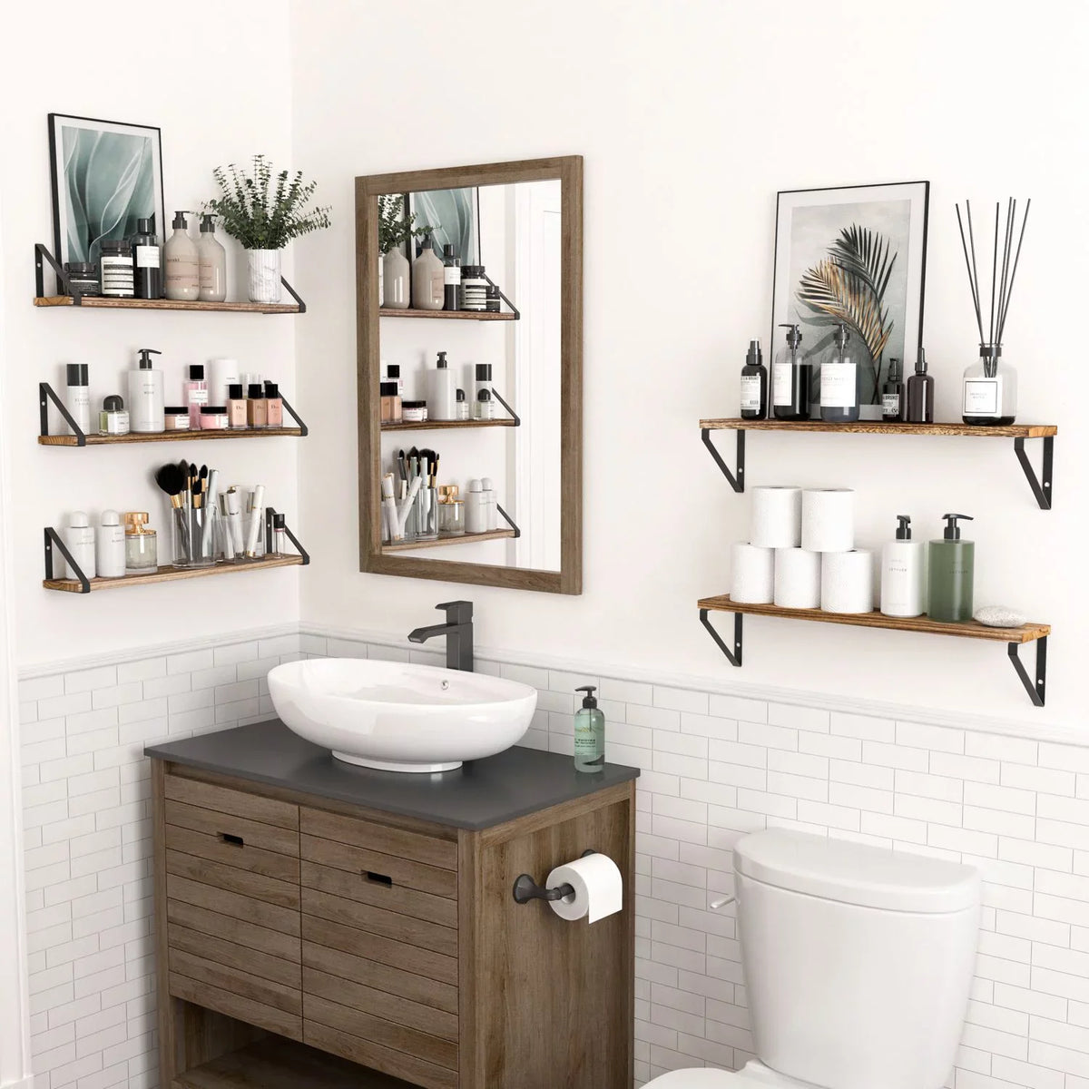 5 Shelf Mounted Room Natural Bedroom, Rustic Wall Ponza of for 24" Living with Brackets Kitchen Wallniture Burned, Floating Set