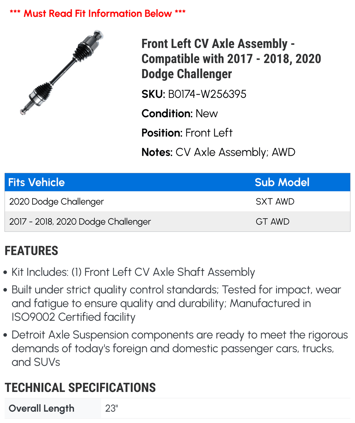 Compatible 2018, Axle Left Dodge CV with Challenger 2020 - - 2017 Assembly Front
