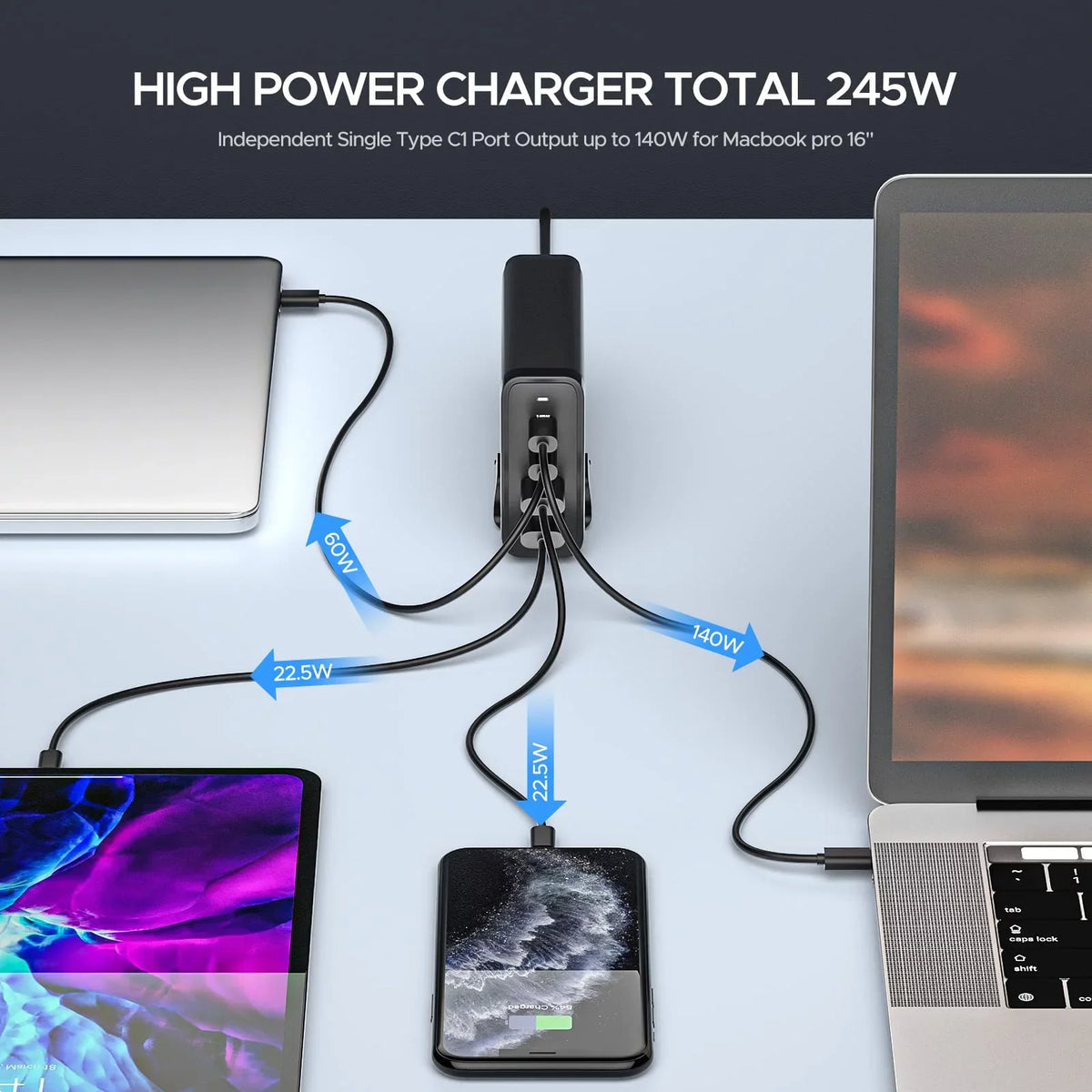 Power Charge Fast USB Dell XPS, C Adapter 4Port Galaxy, Pro 16", iPhone, Charger PD Macbook 245W Station, GaN Deck Type with for iPad, Power Key 140W 3.1 C Air/ Steam