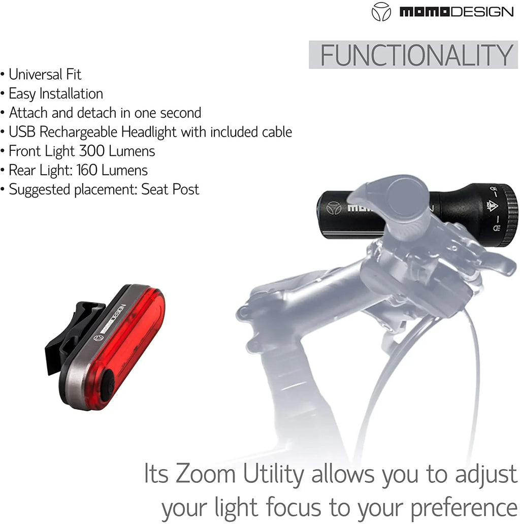 Light Light Rechargeable, COMMUTERS Weather USB Designed & Visibility, Headlight MOMODESIGN Resistant, Bike for Rear 300 Night KIT for