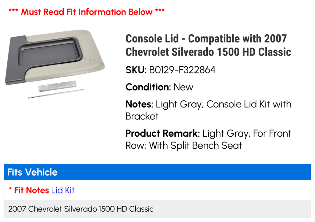1500 with Console Compatible 2007 HD Chevy Classic - Lid Silverado