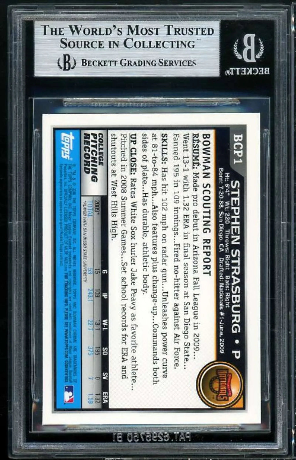 Chrome #1 9.5 Rookie 9 Strasburg Stephen (9.5 BGS Prospects Bowman 2010 9.5 8)