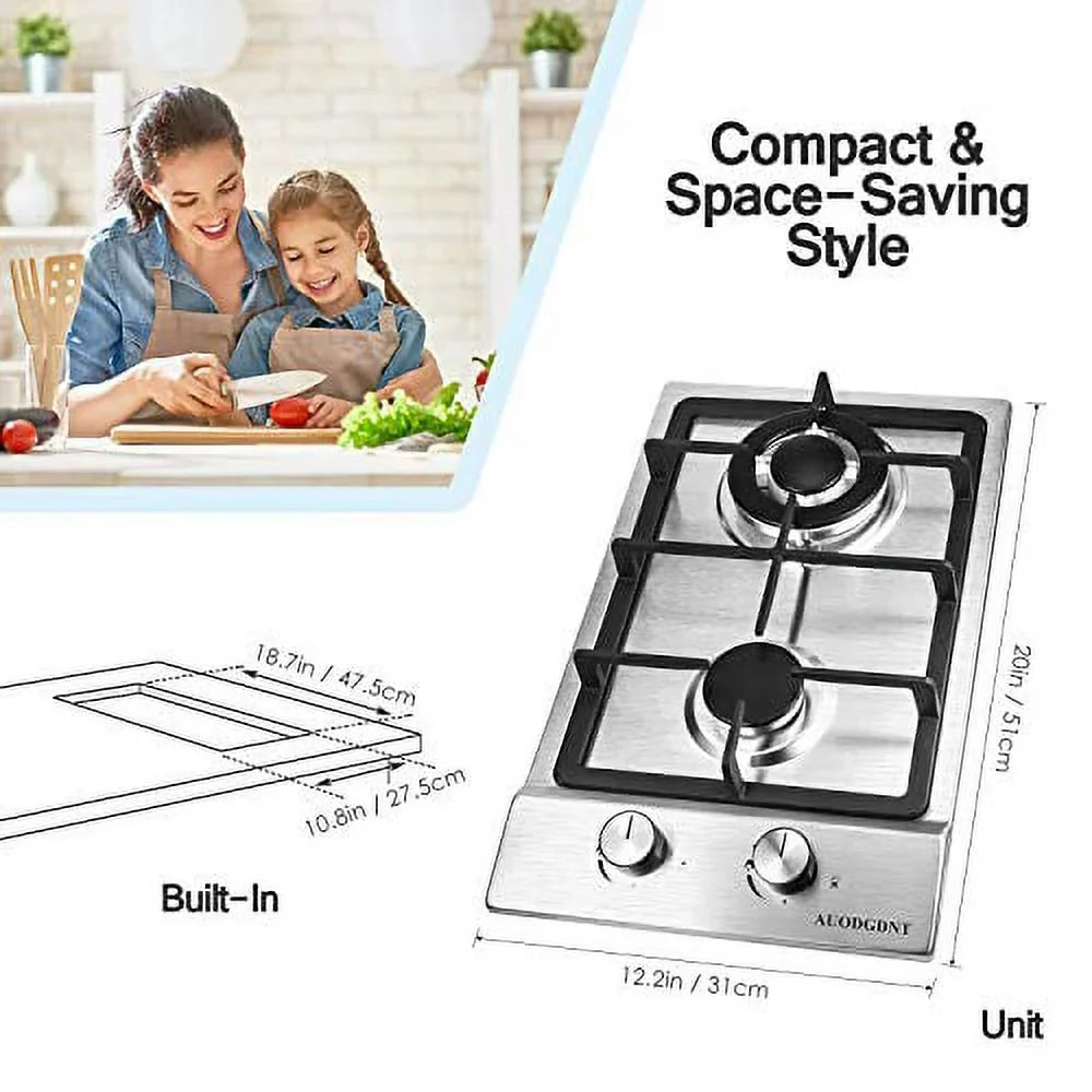 2 Gas Dual Clean Easy RVs, Burners,12 LPG/NG for Fuel Apartments, Built-in Inches Hob to Cooktop Stove Gas Portable Steel Gas Outdoor Stainless