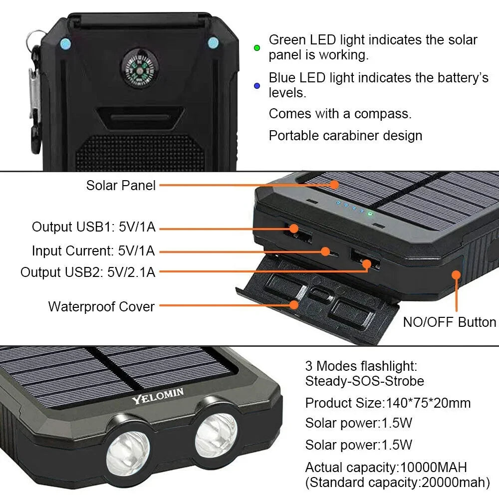 External Phone LED Charger Power Cell Battery Bank Dual USB for Solar 500000mAh