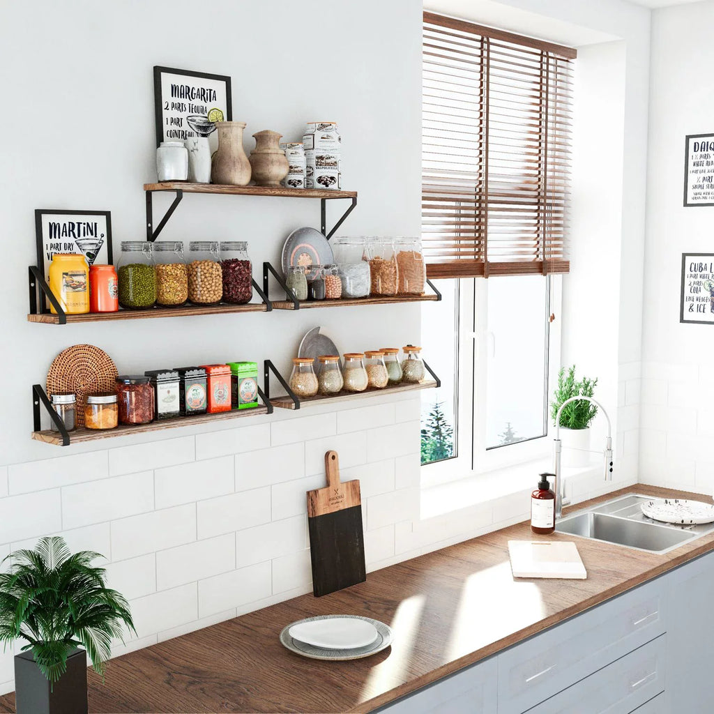 5 Shelf Mounted Room Natural Bedroom, Rustic Wall Ponza of for 24" Living with Brackets Kitchen Wallniture Burned, Floating Set