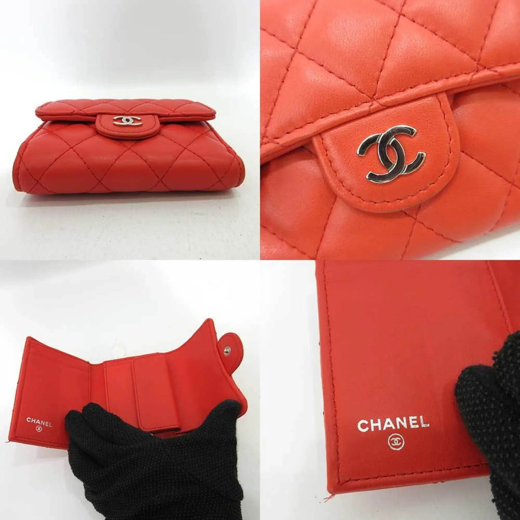 Small Pre-Owned Mini Trifold Women's Wallet Series CHANEL Red Orange Silver Metal (Good) Matelasse Lambskin Fittings Chanel