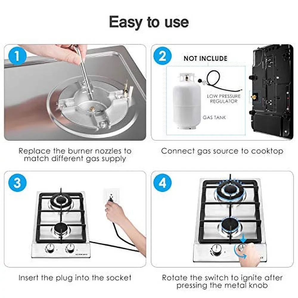 2 Gas Dual Clean Easy RVs, Burners,12 LPG/NG for Fuel Apartments, Built-in Inches Hob to Cooktop Stove Gas Portable Steel Gas Outdoor Stainless