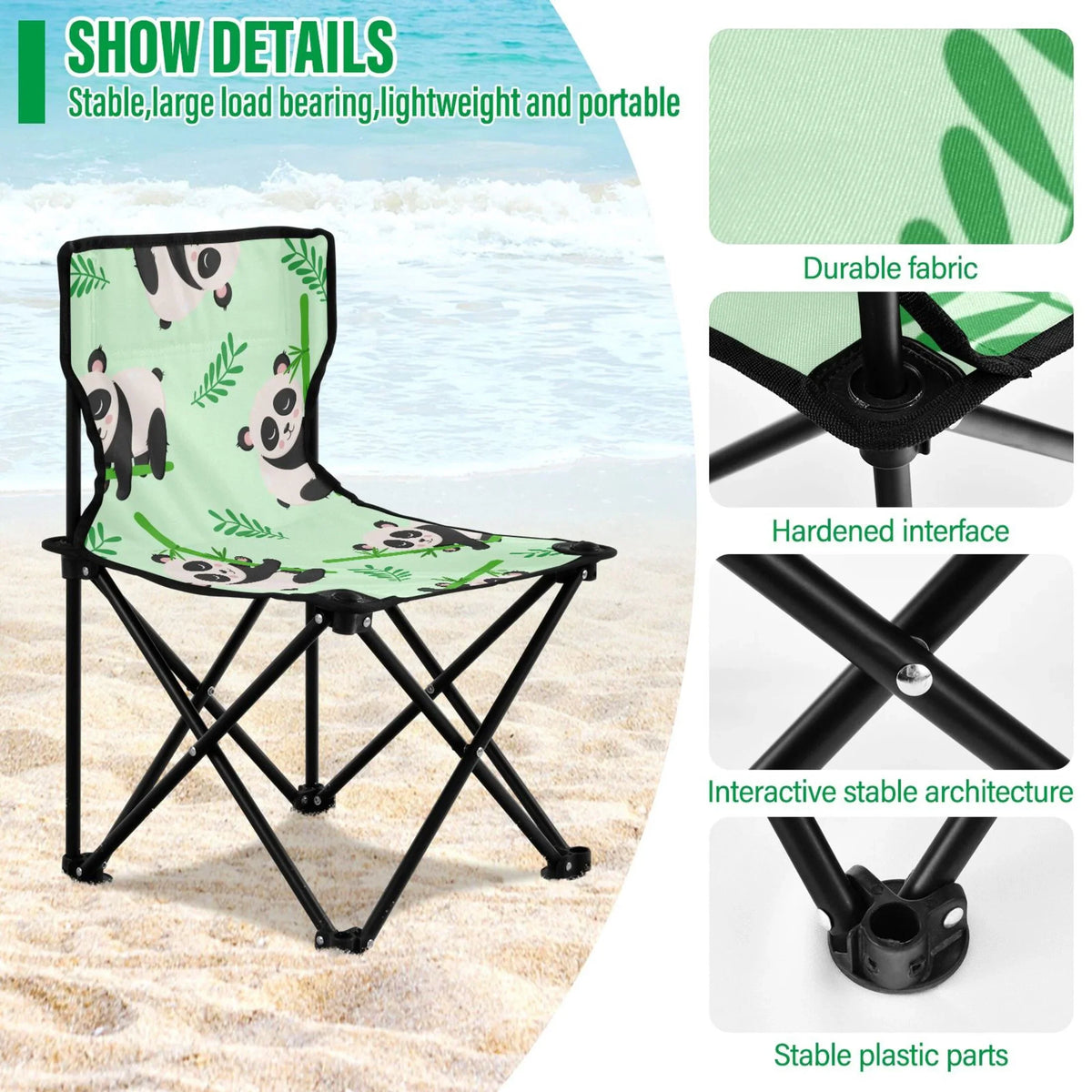 with Bamboos Camping Support Fishing Carry Chair Beach to Lawn and Chair Chair Chair Cartoon 220LBS Folding Panda Outdoor Bag Portable