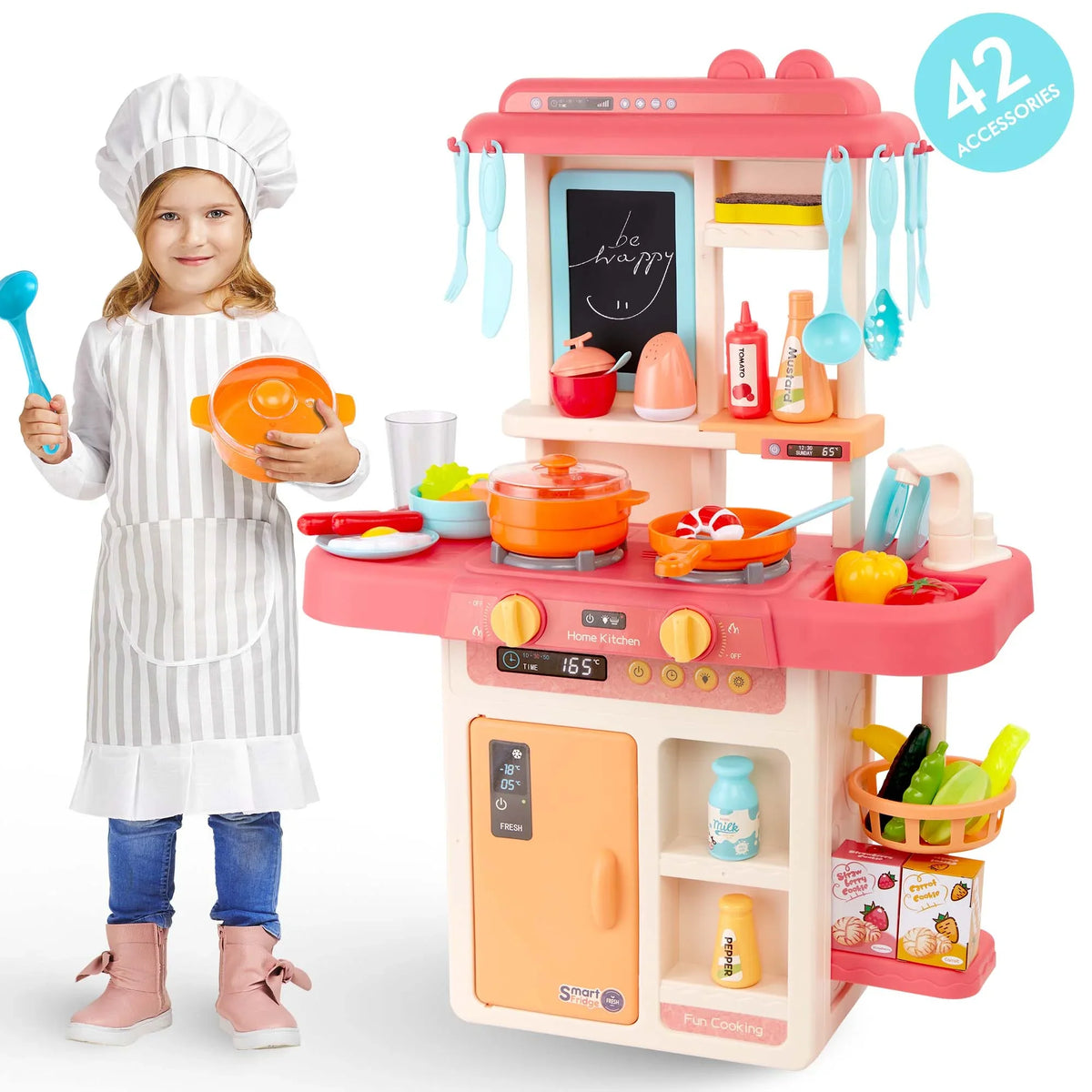42-Pack Lights, Set Girls Play Educational Food, Real Toys Kitchen Set Toy and for Pretend Accessories Toys Toddler Preschool Pink Kitchen Kids Toddlers, with for Boys, for Sounds