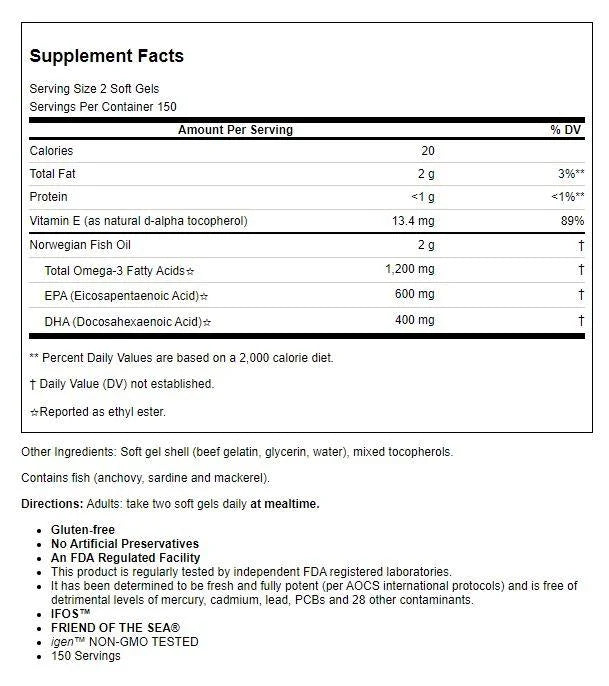 Norwegian Omega-3 Super mg. Oil Fish - Carlson 300 Softgels Concentrate Labs - Gems 1000