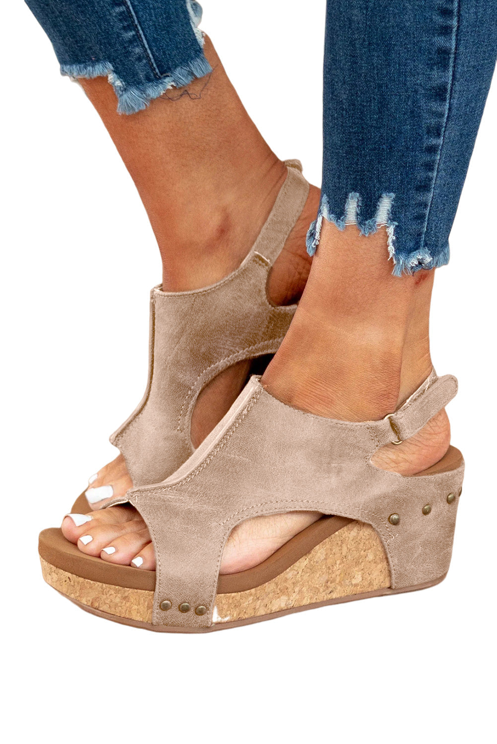 Vintage Leather Sandals Stitching Wedge Gray Studded