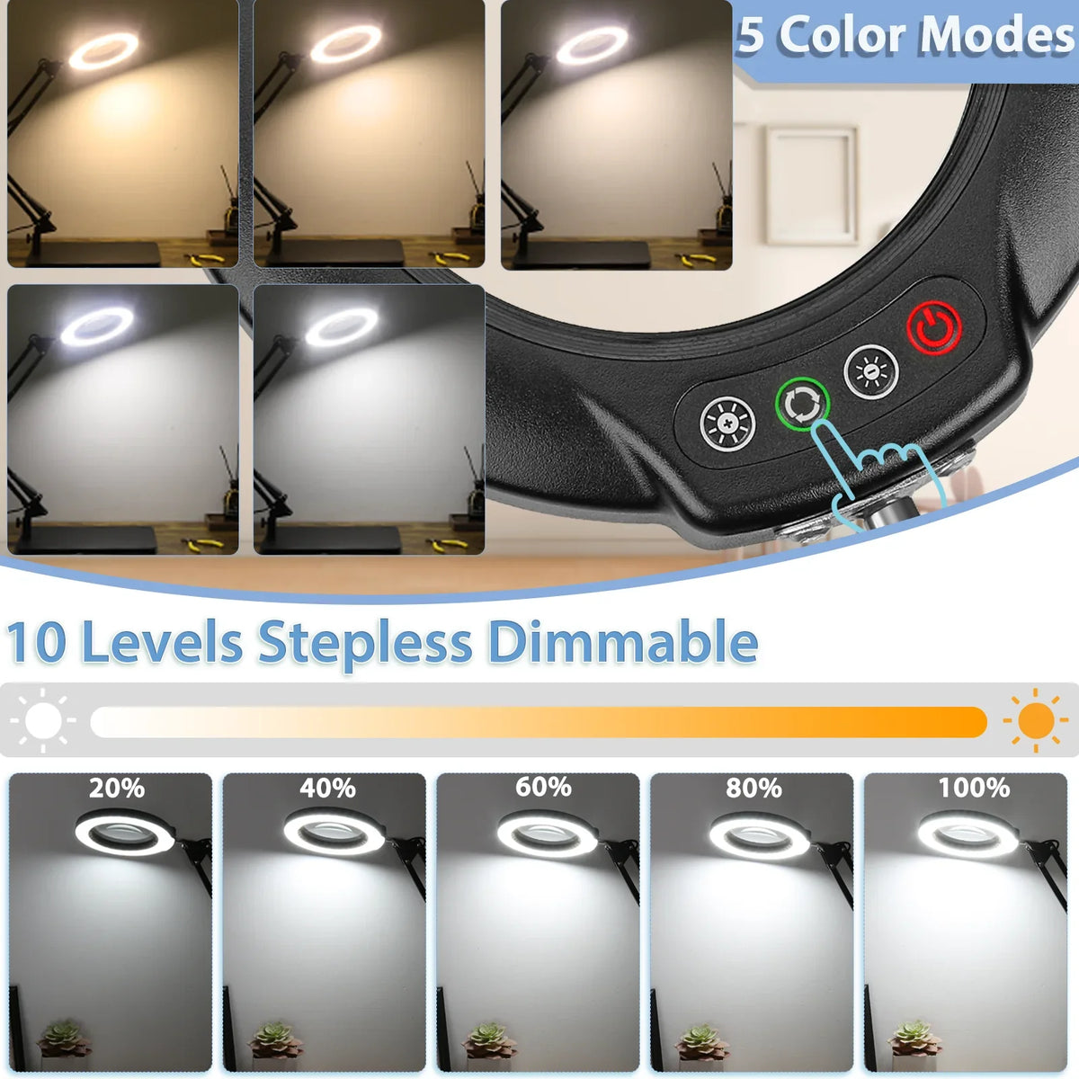 Magnifying Light for Clamp, Lighted Work, Free Desk 2-in-1 Close Lamp Modes Magnifier Dimmable, Sewing Painting, LED with Craft, Hands Magnifying Color 10X with Stepless 5 Glass and Stand,