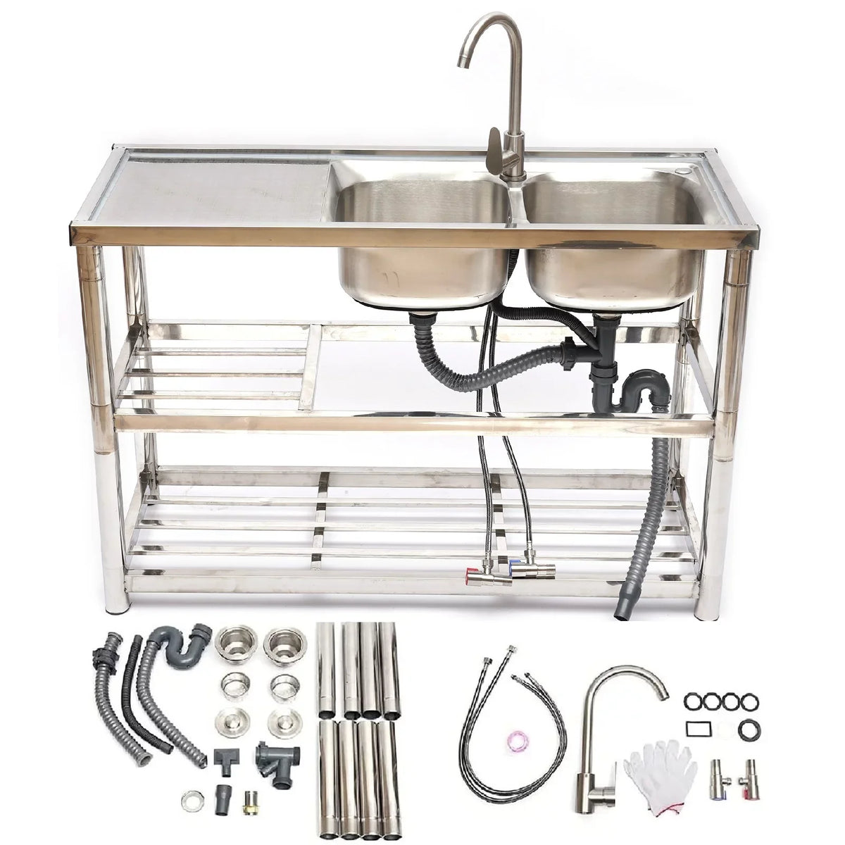 Steel Catering Utility Sink Table+360° Basin Sink 2 Drainboard Kitchen Loyalheartdy Stainless Commercial Compartment Prep Faucet+2