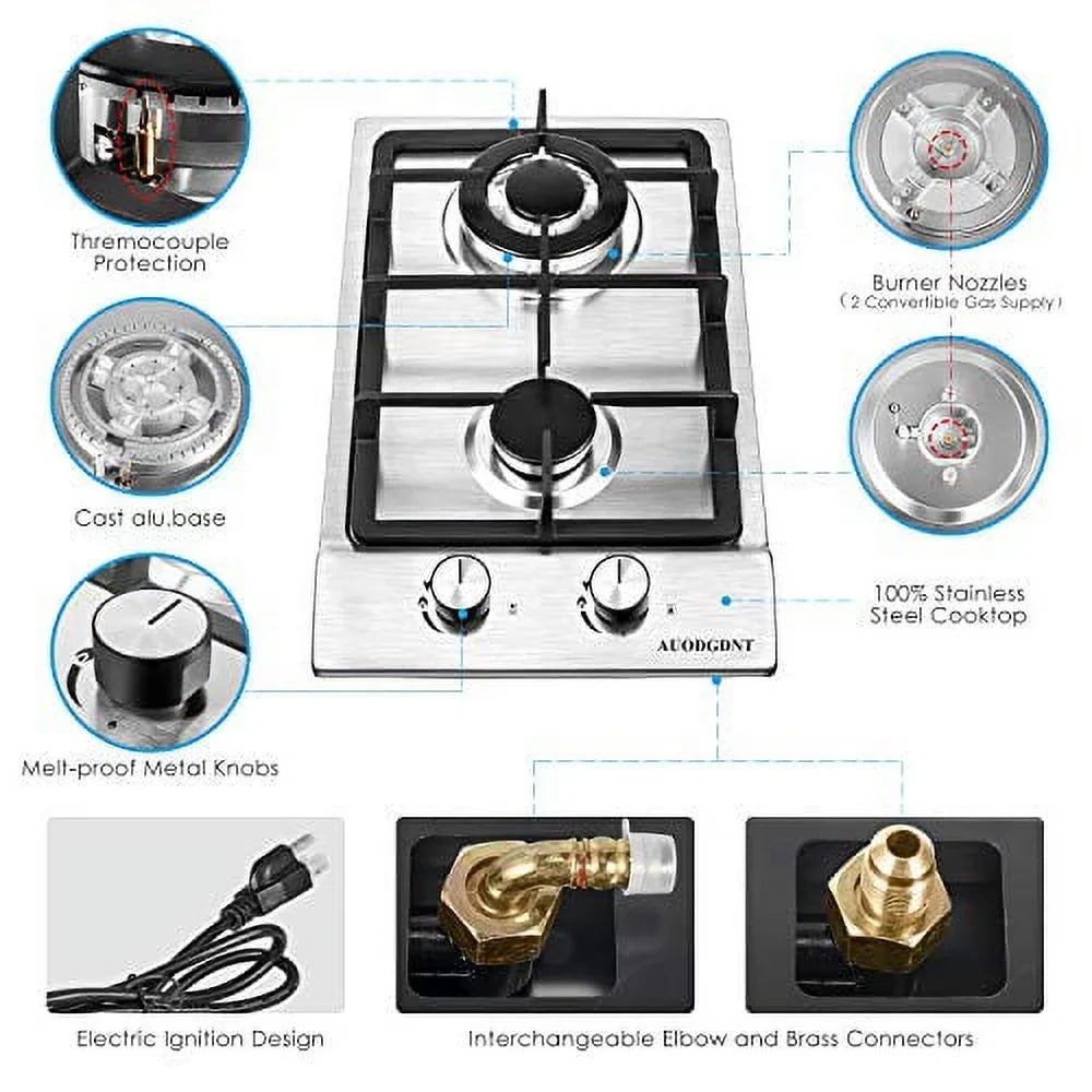 2 Gas Dual Clean Easy RVs, Burners,12 LPG/NG for Fuel Apartments, Built-in Inches Hob to Cooktop Stove Gas Portable Steel Gas Outdoor Stainless