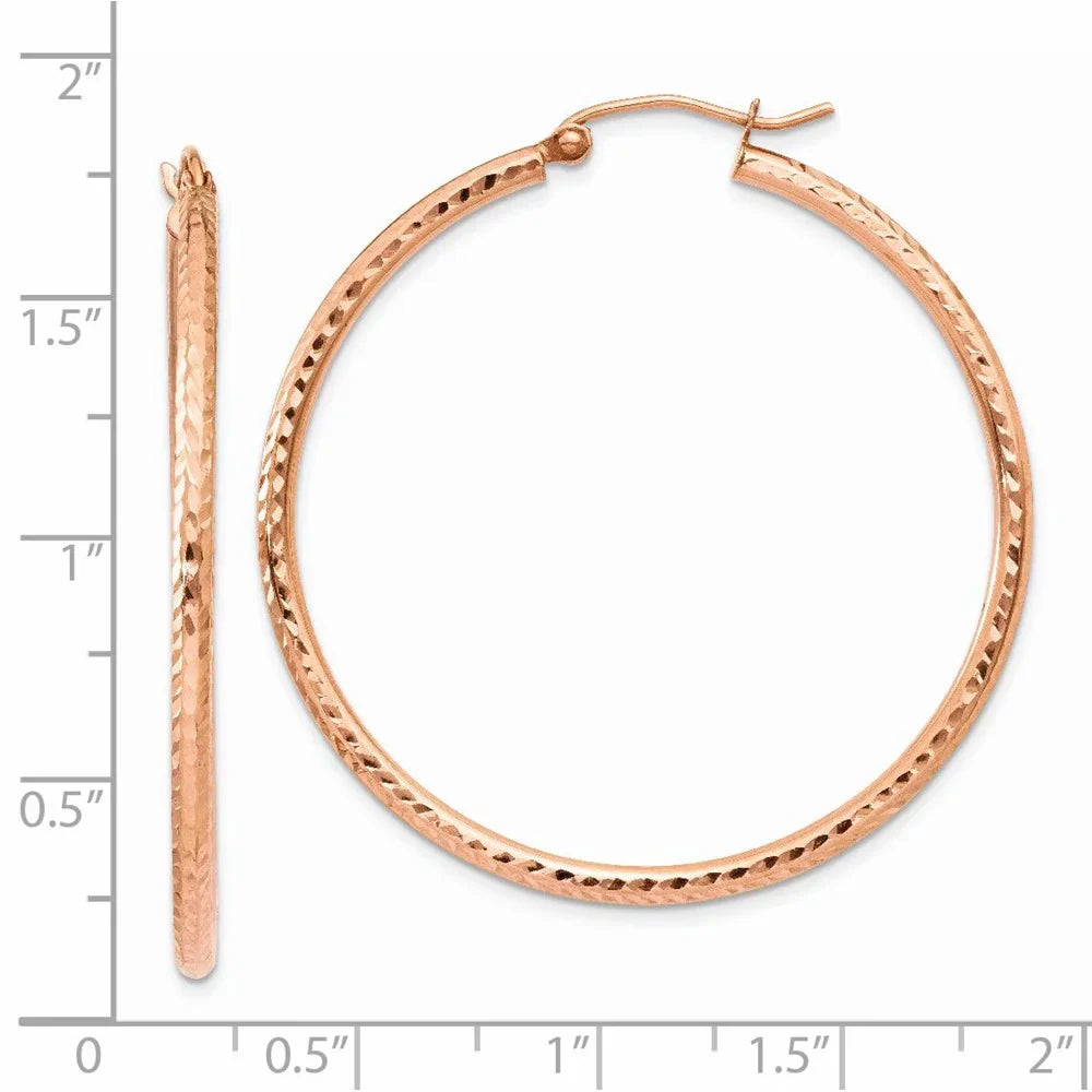 14kt Lightweight Adults Teens; Real Men and Women Diamond-cut Earrings; Gold Polished Large Rose Hoop for and for Tube
