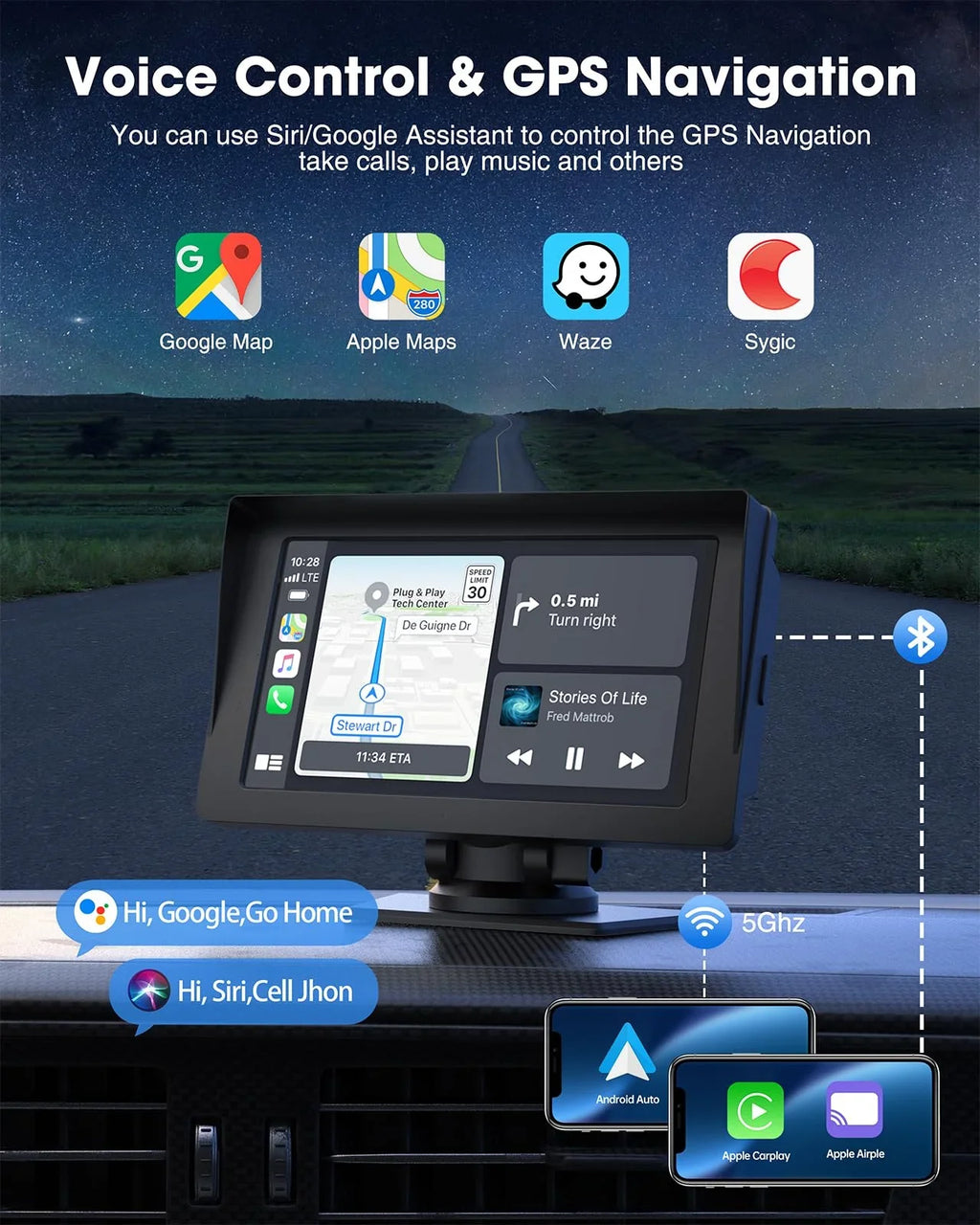 Wireless with Inch Portable Car LAMTTO Siri Camera,HD Car Apple Audio Touchscreen with Auto,Bluetooth,FM, Video,Car Navigation Carplay,1080P Portable Stereo Reverse GPS 7 Receivers Airplay,Android