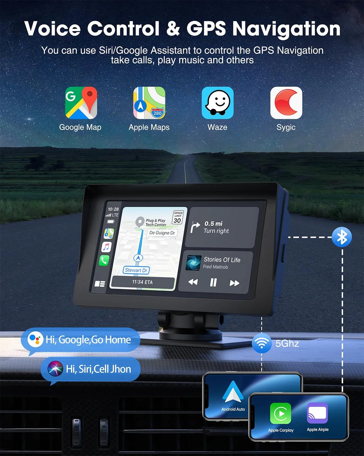 Wireless with Inch Portable Car LAMTTO Siri Camera,HD Car Apple Audio Touchscreen with Auto,Bluetooth,FM, Video,Car Navigation Carplay,1080P Portable Stereo Reverse GPS 7 Receivers Airplay,Android