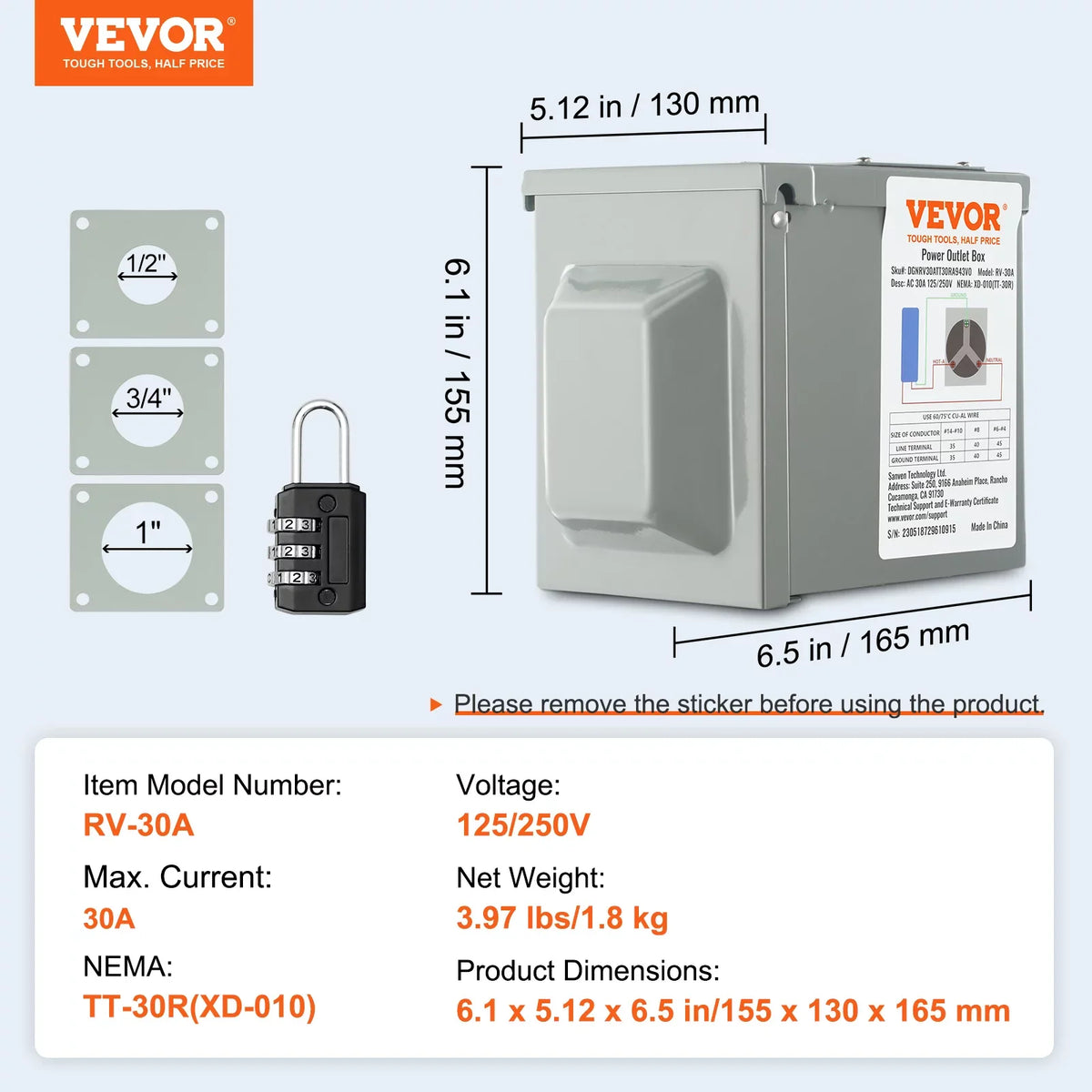 30Amp Power NEMA Panel Trailer Electrical Generator Car Weatherproof Outlet 25/250V Receptacle Camper for Box, Enclosed Lockable Motorhome TT-30R, Electric RV BENTISM RV Outdoor Travel