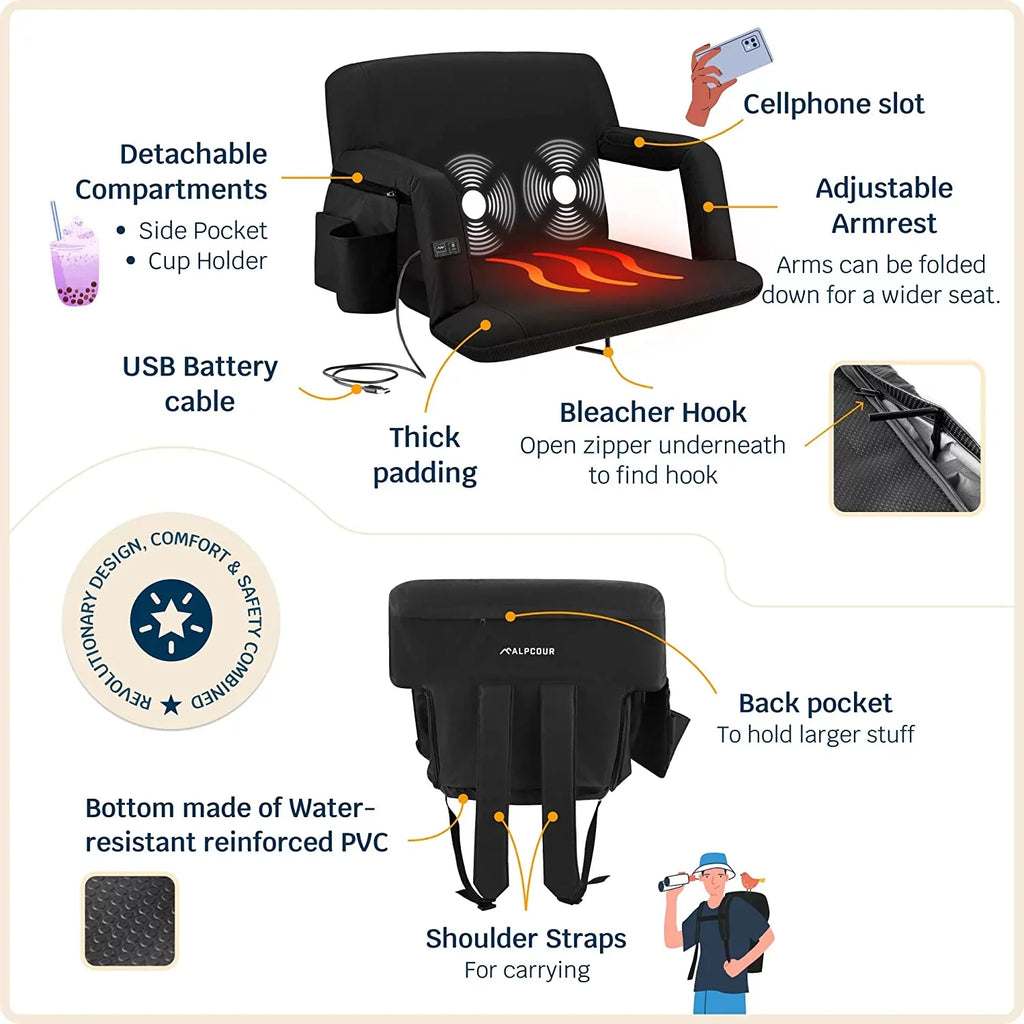 Back Alpcour Thick Chair Waterproof Massage Black - X-Wide Wide Stadium Extra - Seat Heated Support Reclining with