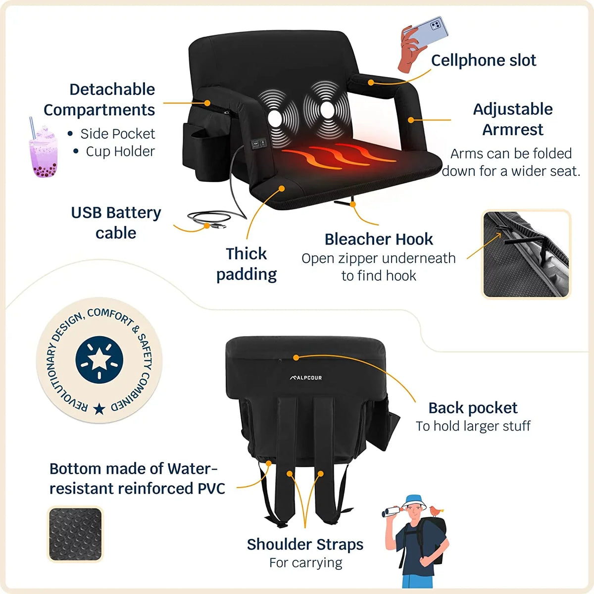 Back Alpcour Thick Chair Waterproof Massage Black - X-Wide Wide Stadium Extra - Seat Heated Support Reclining with